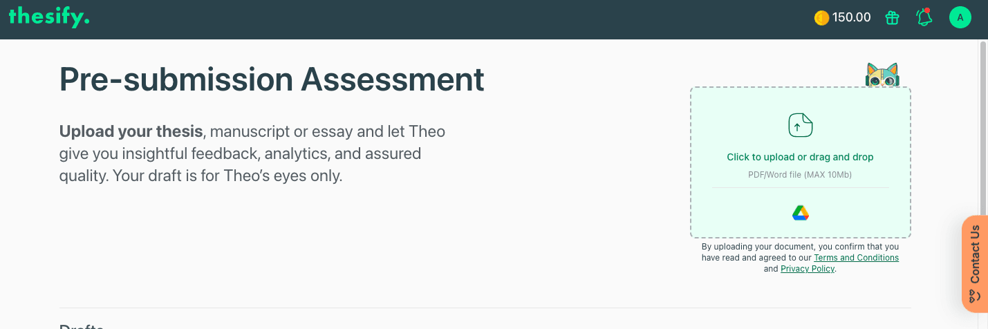 Pre-submission assessment screen with an area to upload a thesis, manuscript or essay as a PDF or Word file