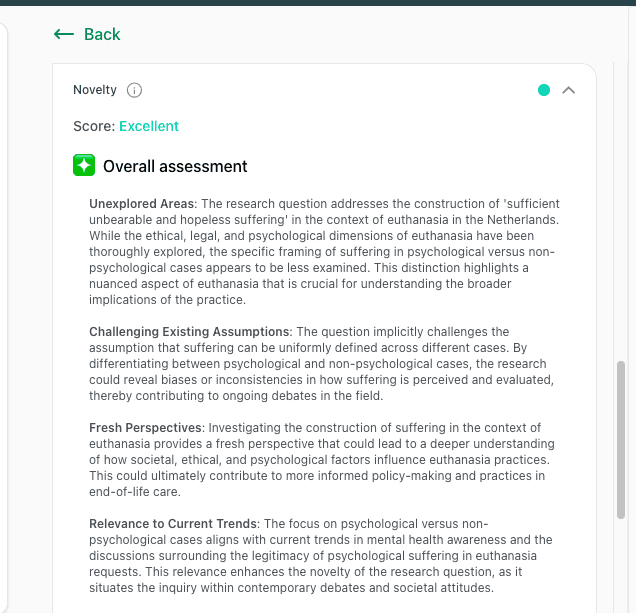 Novelty assessment scored "Excellent", with paragraphs on unexplored areas, challenging existing assumptions, fresh perspectives and relevance to current trends