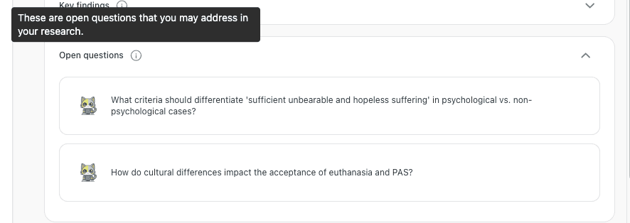 Open questions panel listing unresolved questions the draft could address, with a tooltip explaining that these are questions you may address in your research