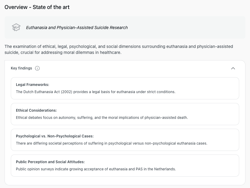State of the art overview for a thesis on euthanasia research, listing key findings on legal frameworks, ethical considerations, psychological versus non-psychological cases, and public perception