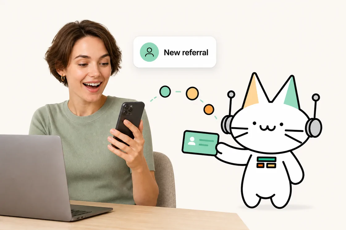 Theo handing a researcher her earnings as a new referral notification arrives