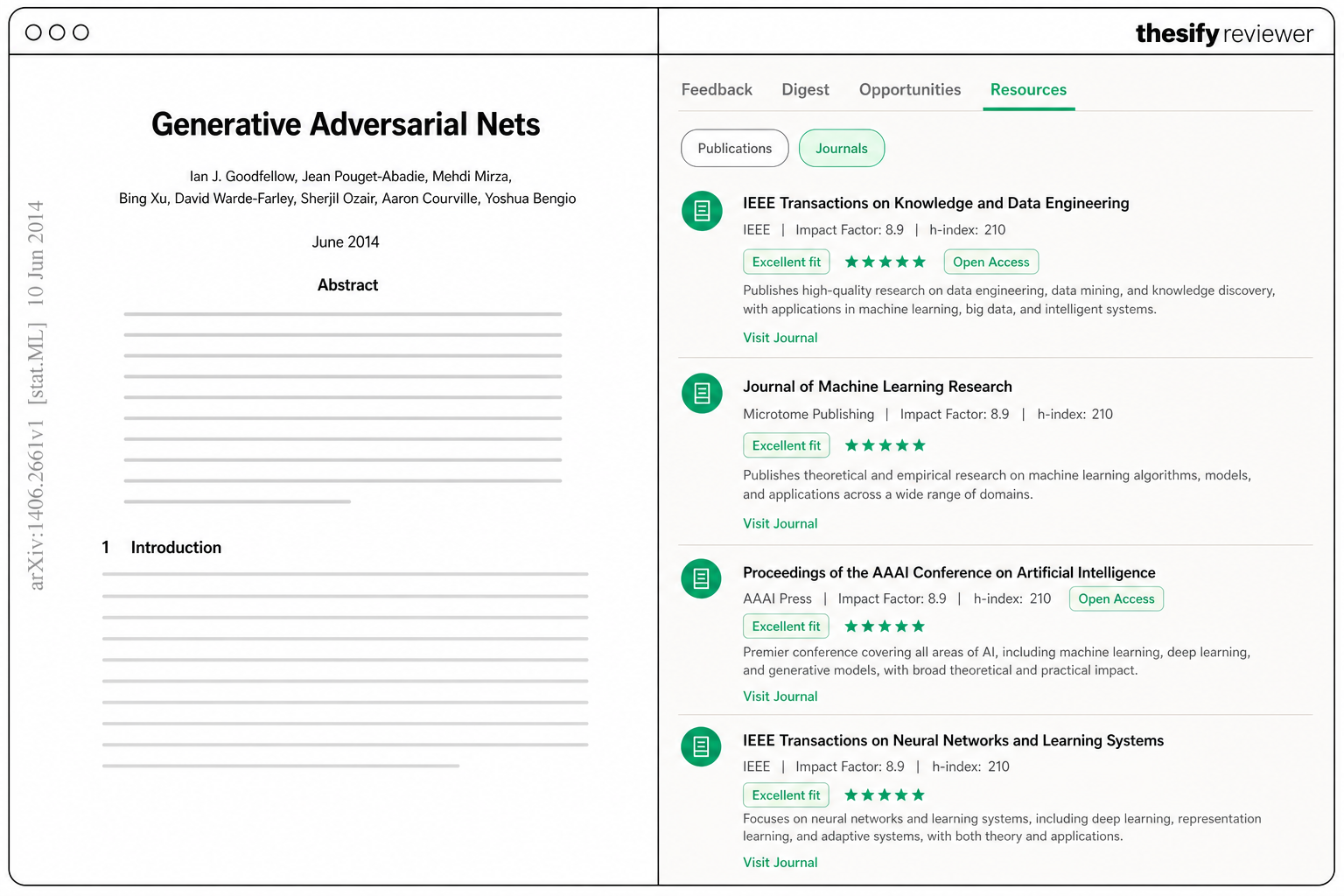 Thesify Journal Finder suggesting best-matching journals for a manuscript