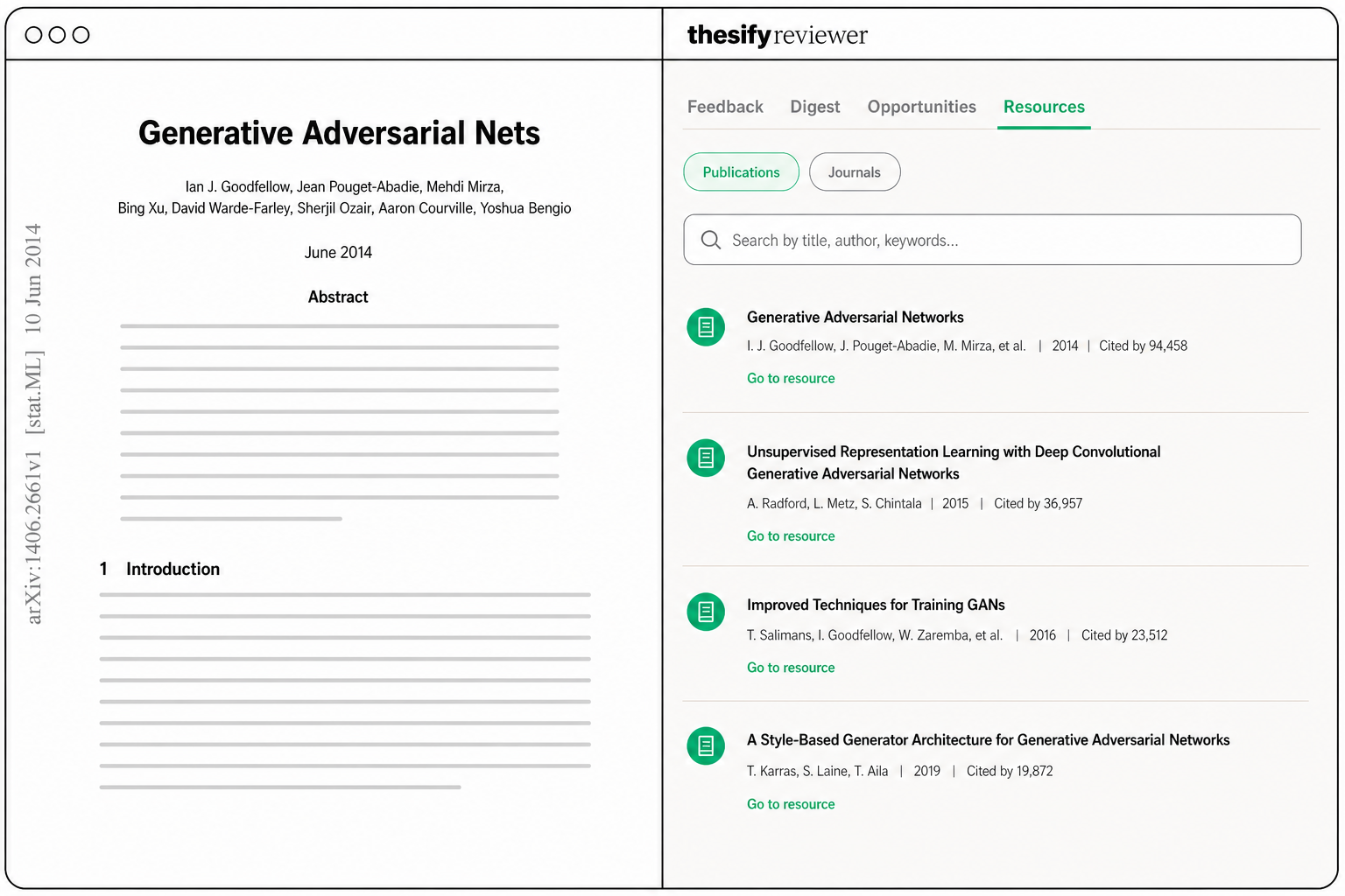 Thesify Resources tab showing Theo’s digest for a publication